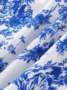 SHEIN ICON 鳥類和植物印花木耳邊手帕抹胸上衣 - 藍白色 - 查看 3