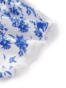 SHEIN ICON 鳥類和植物印花木耳邊手帕抹胸上衣 - 藍白色 - 查看 4