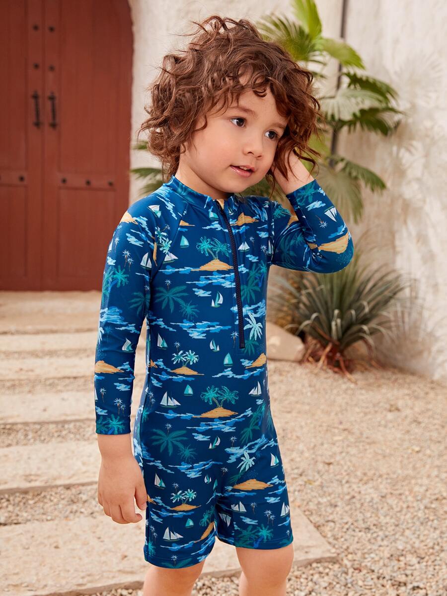 Young Boy Coconut Tree & Sailboat Print Raglan Sleeve One Piece Swimsuit - Navy Blue - View 1