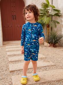 Young Boy Coconut Tree & Sailboat Print Raglan Sleeve One Piece Swimsuit - Navy Blue - View 3