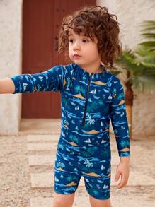 Young Boy Coconut Tree & Sailboat Print Raglan Sleeve One Piece Swimsuit - Navy Blue - View 4
