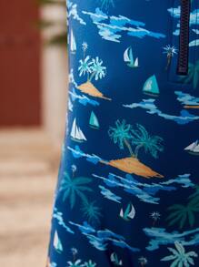 Young Boy Coconut Tree & Sailboat Print Raglan Sleeve One Piece Swimsuit - Navy Blue - View 5