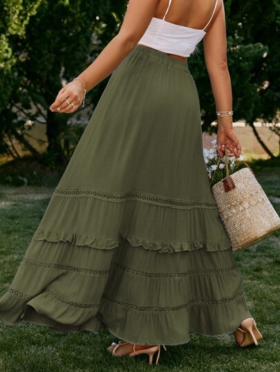 Simplee Plus Size Drawstring Waist Guipure Lace Insert Layered Hem Skirt Summer