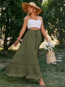 Simplee Plus Drawstring Waist Guipure Lace Insert Layered Hem Skirt - Army Green - View 3