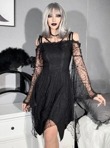 Váy lưới che phủ Gothic Cà vạt vai Tay áo kèn - màu đen - Xem 5