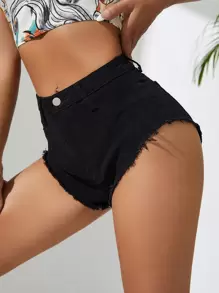 毛邊牛仔短褲 - 黑色 - 查看 1