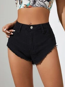 毛邊牛仔短褲 - 黑色 - 查看 6