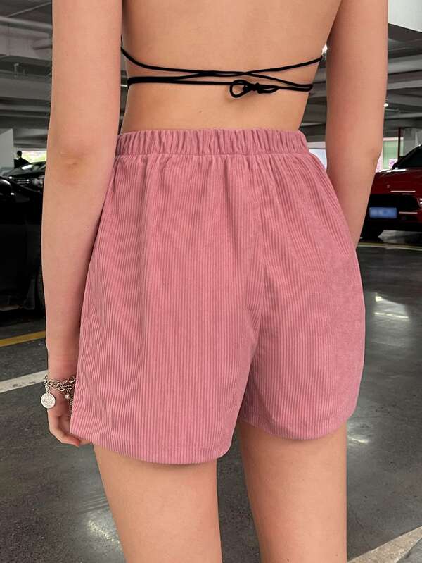 Solid Elastic Waist Corduroy Shorts SHEIN USA