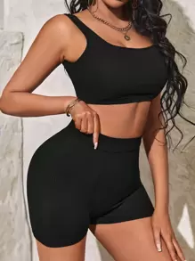 SHEIN SXY Bộ đồ hai mảnh nữ Gân đan màu trơn Thể thao - màu đen - Xem 1