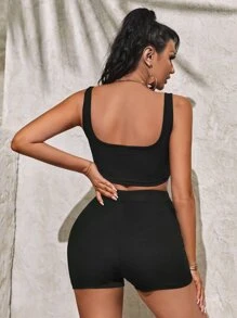 SHEIN SXY Bộ đồ hai mảnh nữ Gân đan màu trơn Thể thao - màu đen - Xem 2