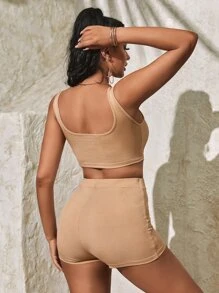 SHEIN SXY Ribbed Knit Tank Top & Biker Shorts - Khaki - View 2