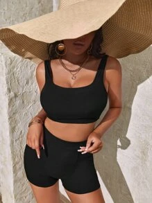 SHEIN SXY Bộ đồ hai mảnh nữ Gân đan màu trơn Thể thao - màu đen - Xem 4