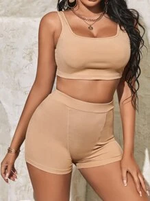 SHEIN SXY Ribbed Knit Tank Top & Biker Shorts - Khaki - View 3