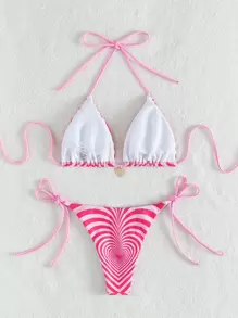 Swim Mod Summer Beach Heart Print Bikini Set Halter Triangle Bra Top & Tie Side Bikini Bottom 2 Piece Bathing Suit - Hot Pink - View 2