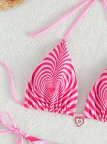 Swim Mod Summer Beach Heart Print Bikini Set Halter Triangle Bra Top & Tie Side Bikini Bottom 2 Piece Bathing Suit - Hot Pink - View 3