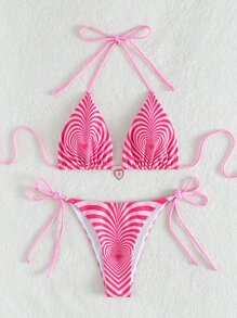 Swim Mod Summer Beach Heart Print Bikini Set Halter Triangle Bra Top & Tie Side Bikini Bottom 2 Piece Bathing Suit - Hot Pink - View 5