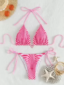 Swim Mod Summer Beach Heart Print Bikini Set Halter Triangle Bra Top & Tie Side Bikini Bottom 2 Piece Bathing Suit - Hot Pink - View 6
