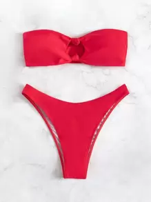 SHEIN Swim Summer Beach Solid Bikini Set Knot Decor Bandeau Top & High Cut Bottom 2 Piece Bathing Suit - Watermelon Pink - View 1