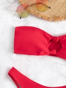 SHEIN Swim Summer Beach Solid Bikini Set Knot Decor Bandeau Top & High Cut Bottom 2 Piece Bathing Suit - Watermelon Pink - View 5