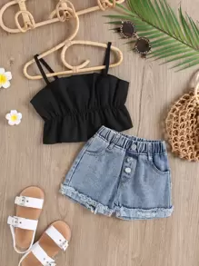 SHEIN Cô Gái Trẻ Áo Peplum Cami & Cắt Thô Quần short Denim - Nhiều màu - Xem 1