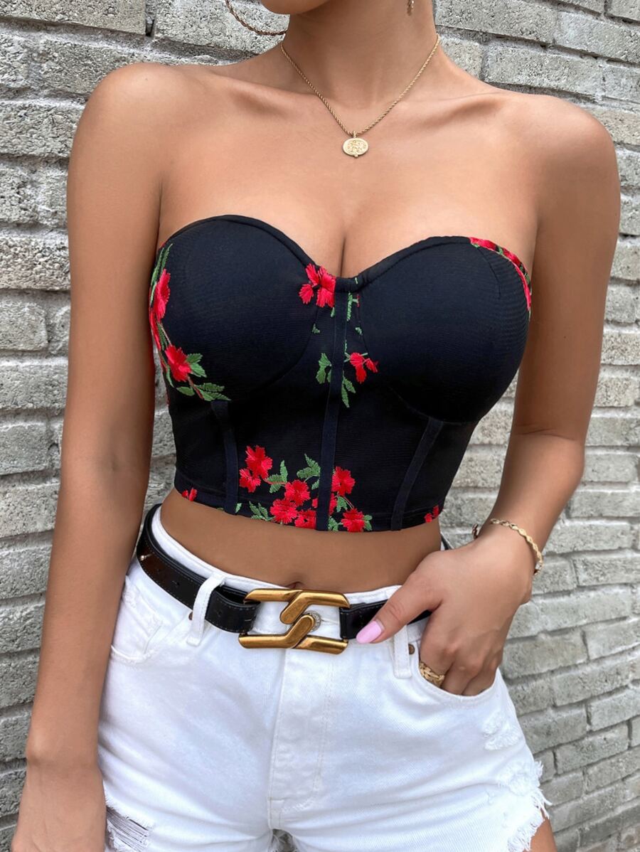 Top bandeau con bordado floral bustier - Negro - Ver 1
