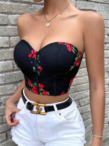 Top bandeau con bordado floral bustier - Negro - Ver 3