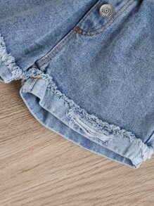 SHEIN Cô Gái Trẻ Áo Peplum Cami & Cắt Thô Quần short Denim - Nhiều màu - Xem 5