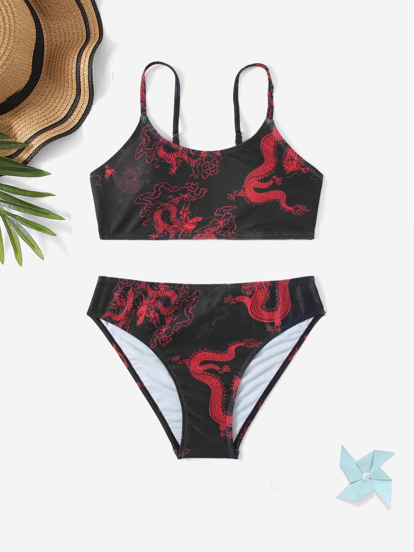 SHEIN Teen Girls Dragon Print Bikini Set Summer Beach - Black - View 1