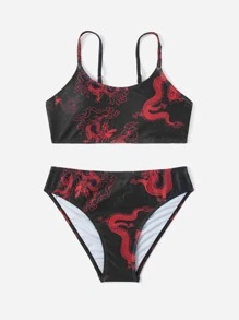 SHEIN Teen Girls Dragon Print Bikini Set Summer Beach - Black - View 3
