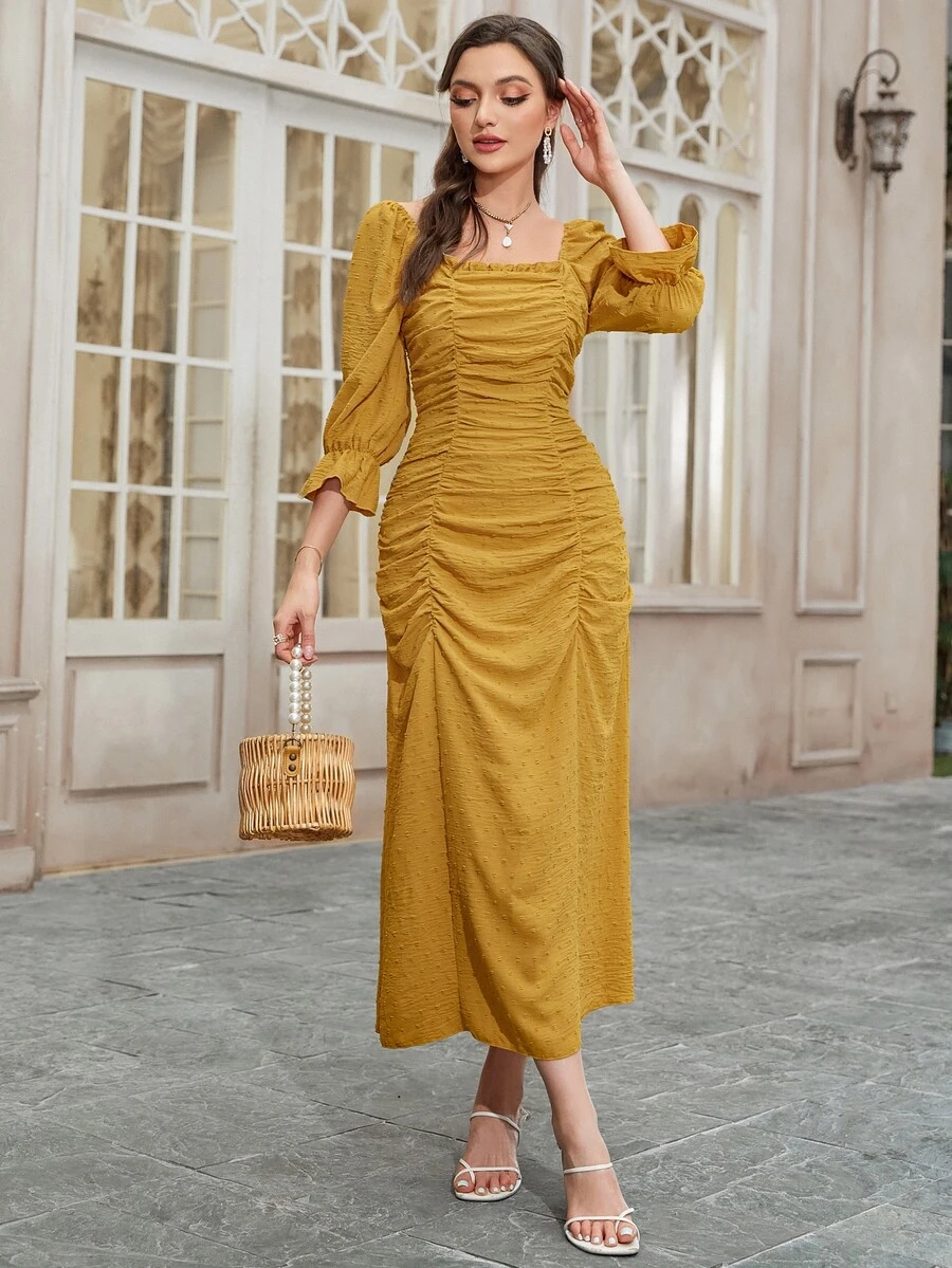 Modelyn 圓點荷葉袖褶邊木耳邊連衣裙 - 芥末黃 - 查看 1