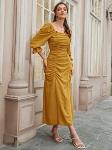 Modelyn 圓點荷葉袖褶邊木耳邊連衣裙 - 芥末黃 - 查看 3