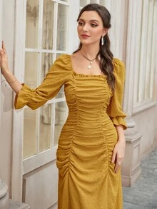 Modelyn 圓點荷葉袖褶邊木耳邊連衣裙 - 芥末黃 - 查看 4