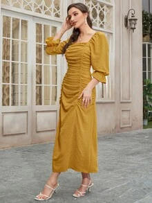Modelyn 圓點荷葉袖褶邊木耳邊連衣裙 - 芥末黃 - 查看 6