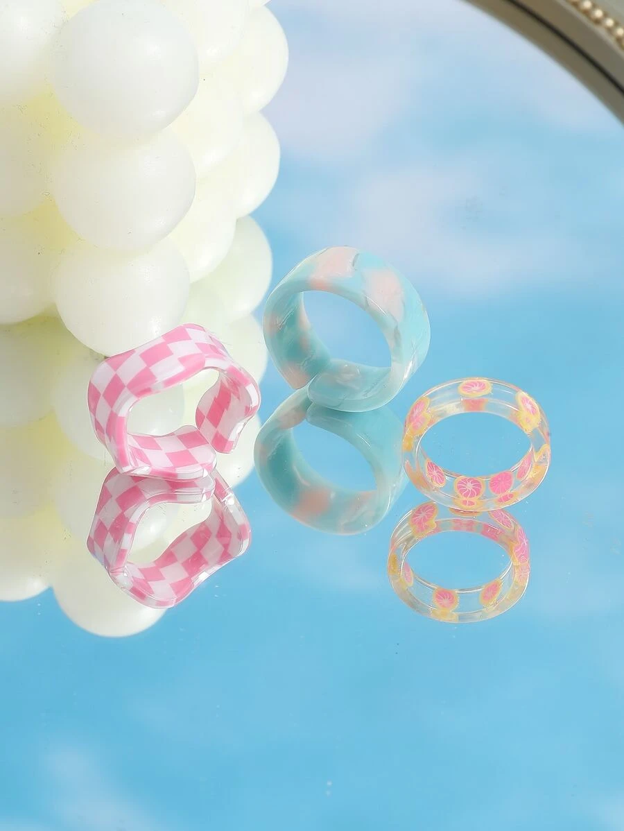 3入組方格圖案戒指 - 彩色 - 查看 1