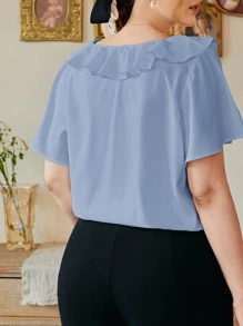 SHEIN Frenchy Top unicolor ribete con fruncido escote V - Neblina azul - Ver 2