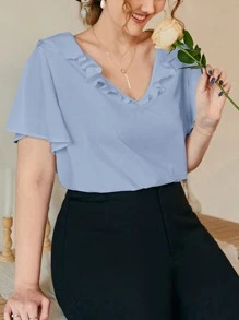 SHEIN Frenchy Top unicolor ribete con fruncido escote V - Neblina azul - Ver 4