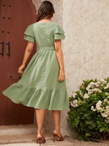 SHEIN Maternity Butterfly Sleeve Shirred Waist Ruffle Hem Dress - Lime Green - View 2