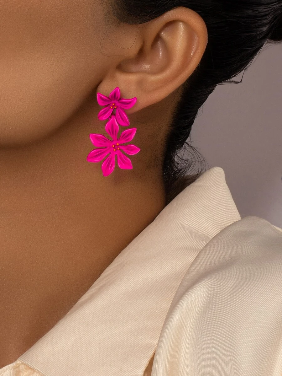 Pendientes largos flor - Rosa Fucsia - Ver 1