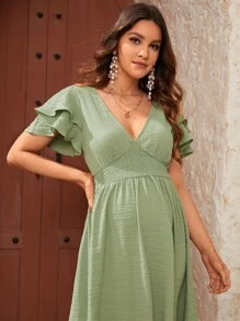 SHEIN Maternity Butterfly Sleeve Shirred Waist Ruffle Hem Dress - Lime Green - View 5