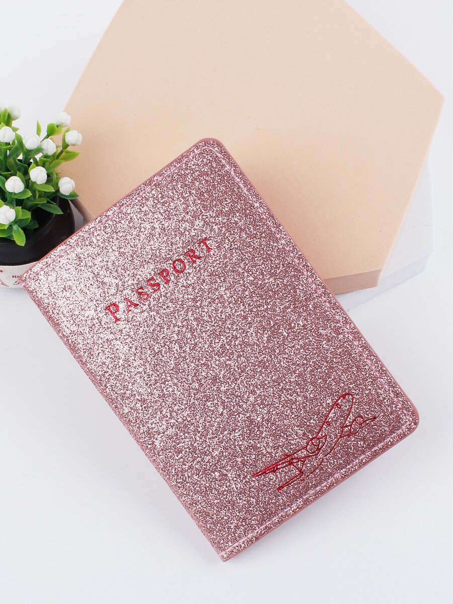 Metallic Letter Graphic Passport Case Passport Holder Passport Wallet School Supplies School Stuff For School For Student Vacation Accessories For Holiday Season Travel Stuff Travel Organiser Travel Items Travel Wallet Passport Holder Passport Wallet Beach Vacation Bag Summer Christmas Vacation - Pink - View 1