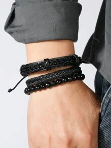 3pcs Men Braided Detail Bracelet - Black - View 2