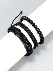 3pcs Men Braided Detail Bracelet - Black - View 3