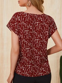 SHEIN LUNE Ditsy Floral Batwing Sleeve Blouse,Short Sleeve Tops - Red and White - View 2