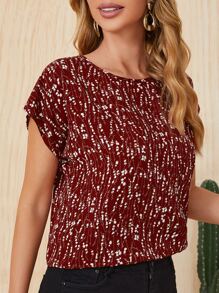 SHEIN LUNE Ditsy Floral Batwing Sleeve Blouse,Short Sleeve Tops - Red and White - View 3