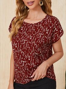 SHEIN LUNE Ditsy Floral Batwing Sleeve Blouse,Short Sleeve Tops - Red and White - View 4