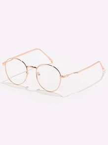 男女通用圆形金属框架眼镜，适用于电脑阅读/游戏/电视/手机，减少眼疲劳，轻便，时尚眼镜，普通镜片眼镜框 - 金色 - 查看 2