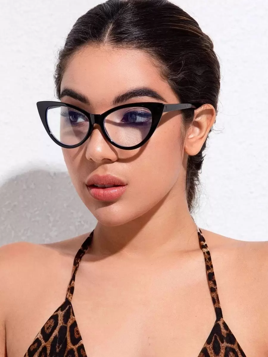 男女通用猫眼电脑/游戏/电视/手机眼镜，塑料镜框，减轻眼疲劳，轻便，时尚光学眼镜，普通镜 - 無色 - 查看 1