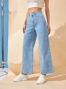 SHEIN Frenchy 高腰闊腿牛仔褲 - 淺色水洗藍 - 查看 3