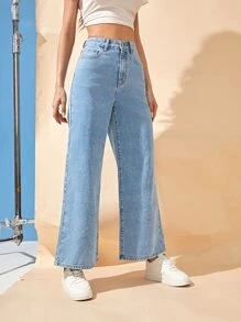 SHEIN Frenchy 高腰闊腿牛仔褲 - 淺色水洗藍 - 查看 4