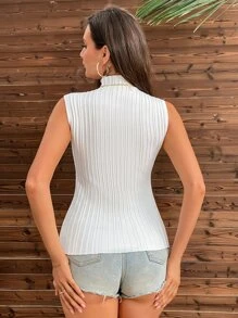 Knit Mix Solid Color High Neck Sleeveless Knit Top, Vacation Casual - White - View 2